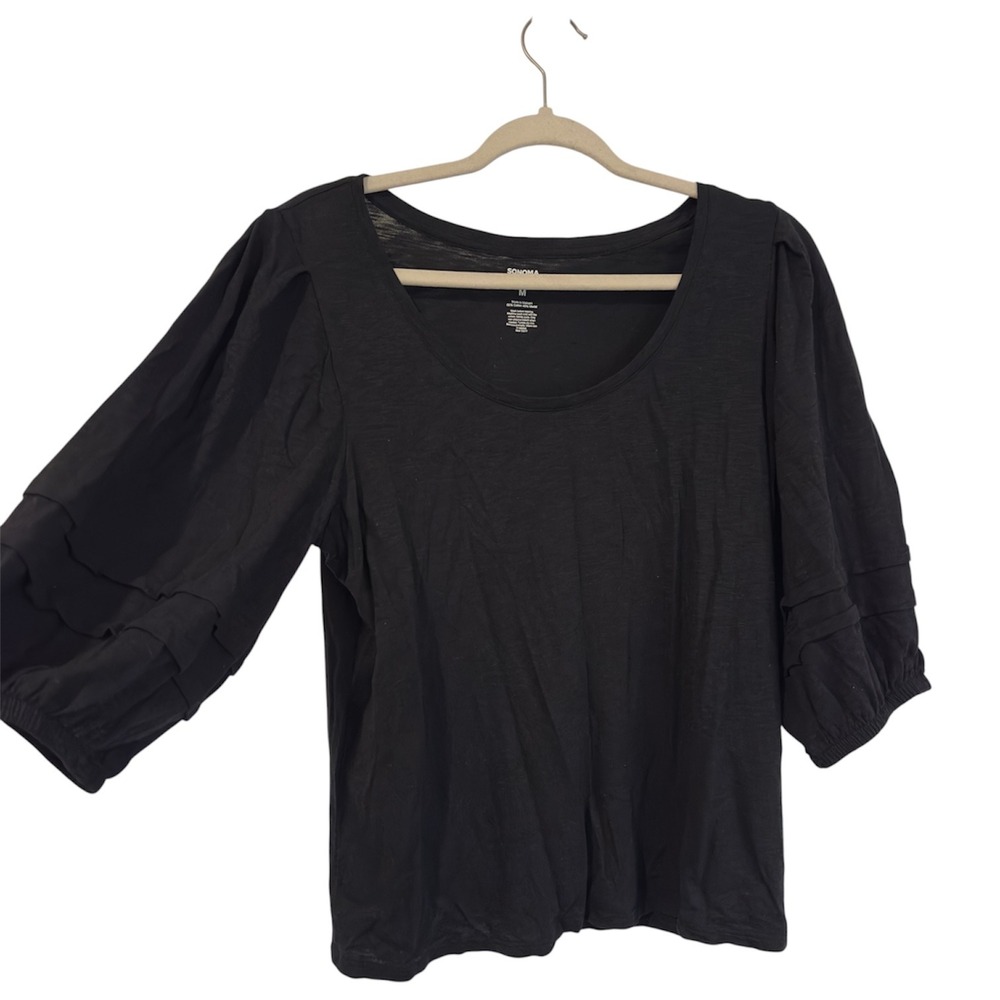 Sonoma Goods For Life Black Scoop Neck Tiered Puff Sleeve Top Womens Medium NWT